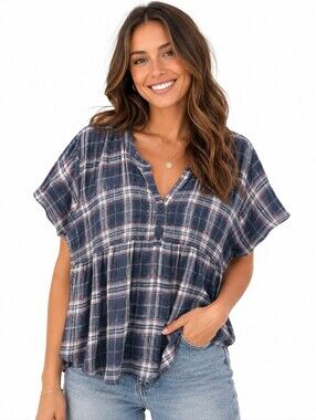 Ivy Women’s Plaid Smocked Babydoll Blouse XXL Storm Short Sleeve Button Front